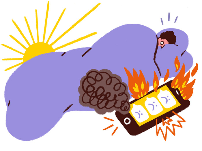 Illustration von Mensch im Bett, das Telefon geht in Flammen auf vor lauter schlechten Nachrichten 