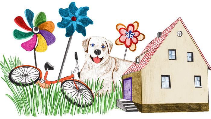 Illustration von Haus, Hund, Fahrrad im Rasen und bunten Windrädern: Morgen schließen wir zum letzten mal die Haustür ab in unserem Elternhaus in dem wir 50 Jahre lang gewohnt haben