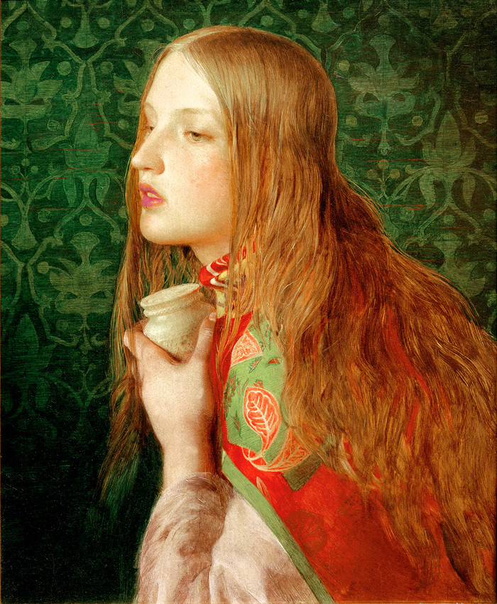 Frederick Sandys Maria Magdalena mit Damast, Alabasterkrug und roten Haaren