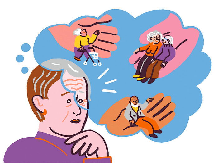 Illustration einer Person, die in einer Gedankenblase alte Menschen in unterschiedlichen Pflegesituationen sieht