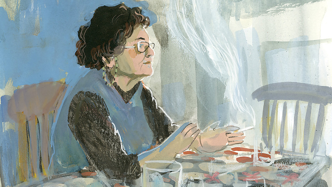 Illustration: Emmie Arbel mit Zigarette am Esstisch