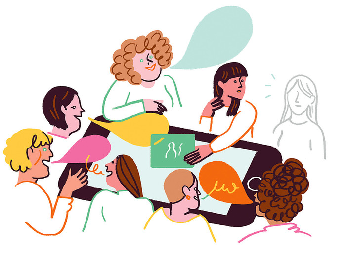 Illustration zeigt Frauen, die an einem Tisch sitzen, der aussieht wie ein Smartphone