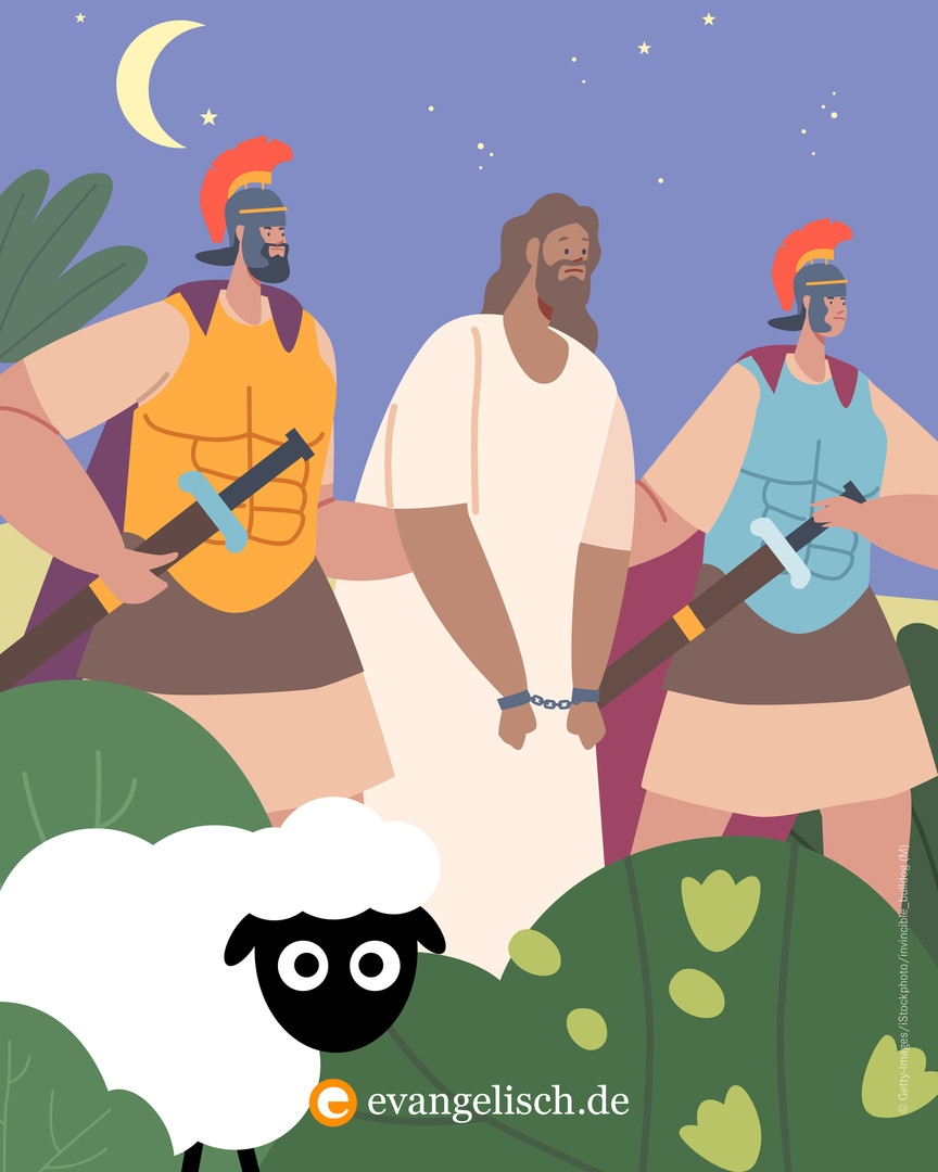 Illustration von Schaf und Jesus, der abgeführt wird.