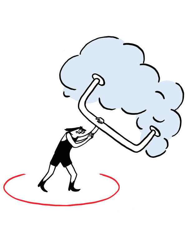 Illustration zeigt eine Figur, die einen Ringeranzug trägt und mit einem überdimensionalen Haltegriff eine dicke, graue Wolke verschiebt: Warum es sich lohnt, mit seinem Schicksal zu ringen