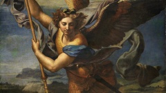 Gemälde vom Erzengel Michael, der in goldener Rüstung mit goldenen Flügeln auf etwas herabschaut, seinen goldenen Speer hält er an der Seite nach unten gerichtet.