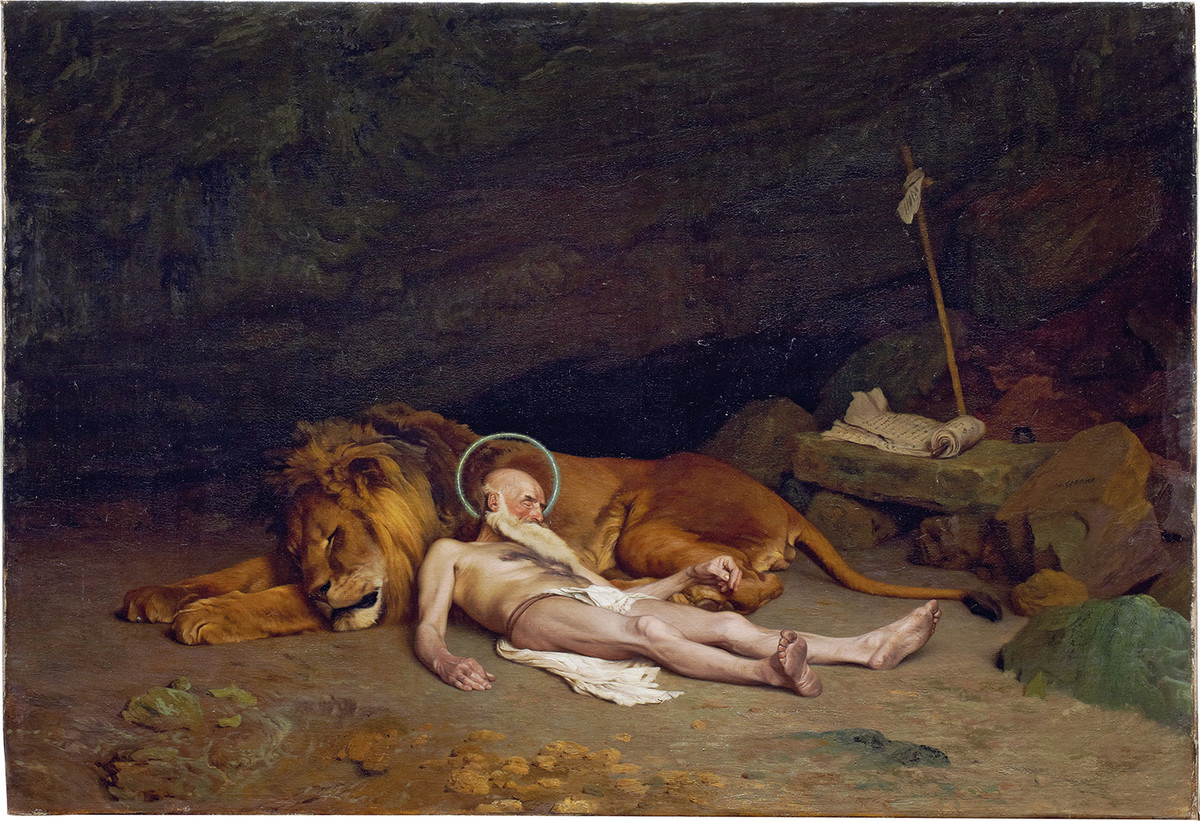 Einen Löwen als Kuscheltier kann sich nur der heilige Hieronymus leisten. Der "Heilige Hieronymus", 1874 von Jean Léon Gérôme