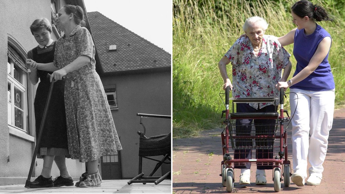Damals und heute hilft eine junge Pflegerin einer älteren Dame beim gehen
