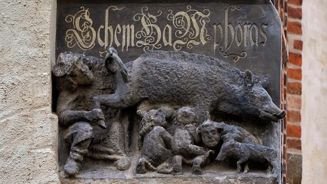 Mittelalterliches Schmäh- und Spottbild "Judensau" an der Stadtkirche St. Marien in Wittenberg