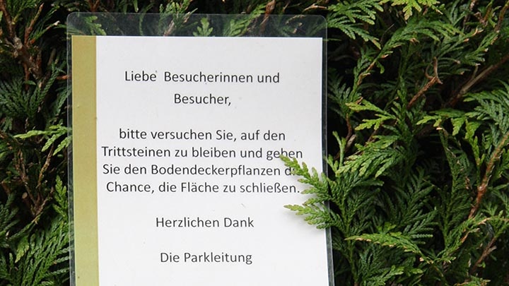 Foto zeigt Hinweisschild in einem Park, dass die Besucher bitte auf den Trittsteinen bleiben, um Bodendeckerpflanzen die Chance zu geben, ungestört zu wachsen.