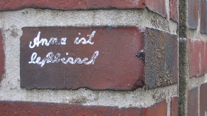 Schrift auf einer Steinmauer: Anna ist lesbisch - wobei das Wort lesbisch mit ß und ss falsch geschrieben ist.