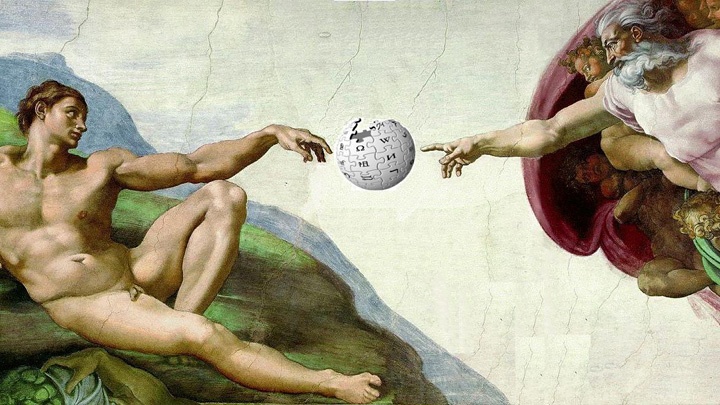 "Die Erschaffung Adams" von Michelangelo mit dem Logo von Wikipedia zwischen Adam und Gott.