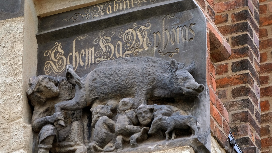Mittelalterliche 'Judensau'. Relief an der Stadtkirche St. Marien in der Lutherstadt Wittenberg 