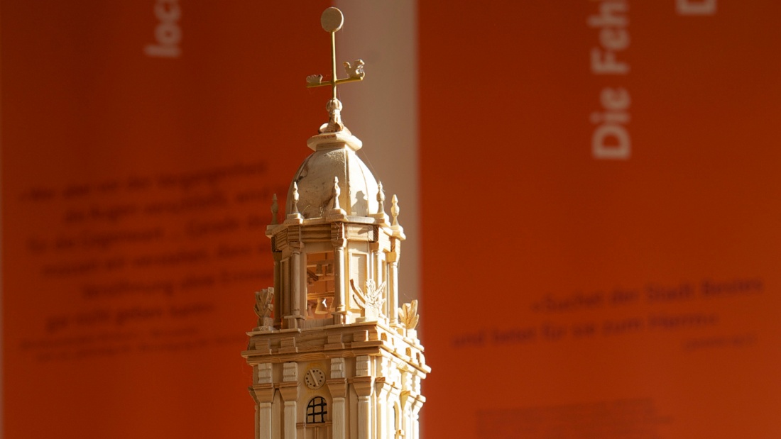 Modell der Garnisonskirche in einer Ausstellung am ehemaligen Standort in Potsdam.