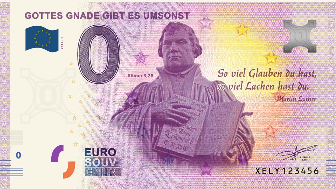 Der violette "Luther"-Schein im Wert von null Euro vom Verein gott.net. Bezahlen kann man damit nicht. 