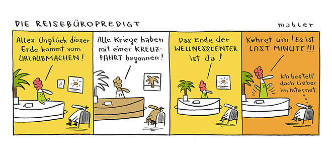 Cartoon von Nicolas Mahler Die Reisebüropredigt