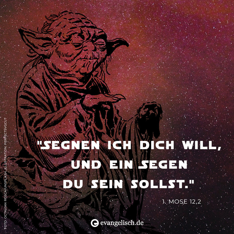 Ein roter Sternennebel, davor Yoda, der eine segnende Geste macht.