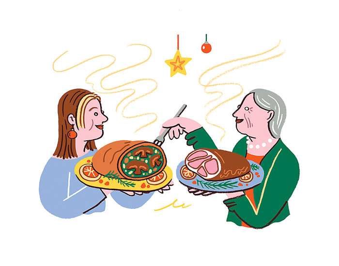 Illustration von zwei Personen mit Teller in der Hand. Ein Teller mit einer veganen Speise. Der andere Teller mit einer Gänsekeule 
