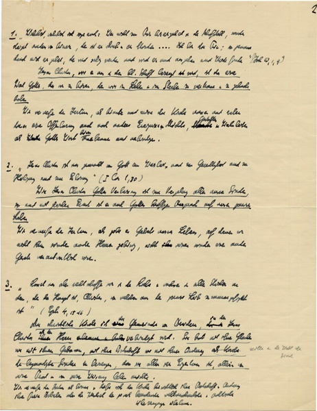 Seite 2 (Thesen 1–3) der handgeschriebenen ersten Fassung der „Barmer Theologischen Erklärung“