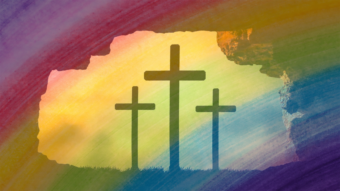 Drei Kreuze mit Regenbogenfarben