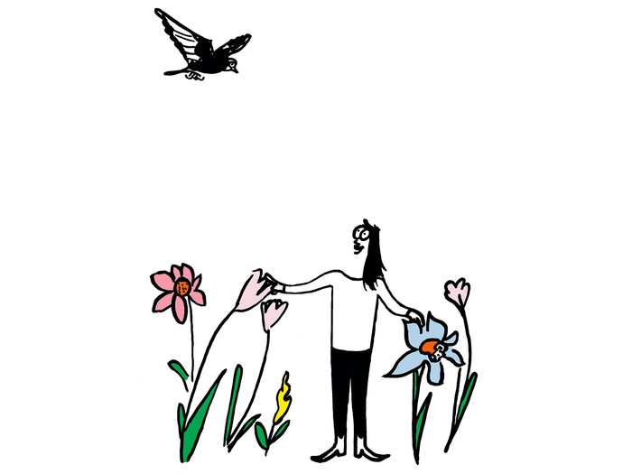 Illustration einer Frau die zwischen übergroßen Blumen steht und nach einem Vogel schaut