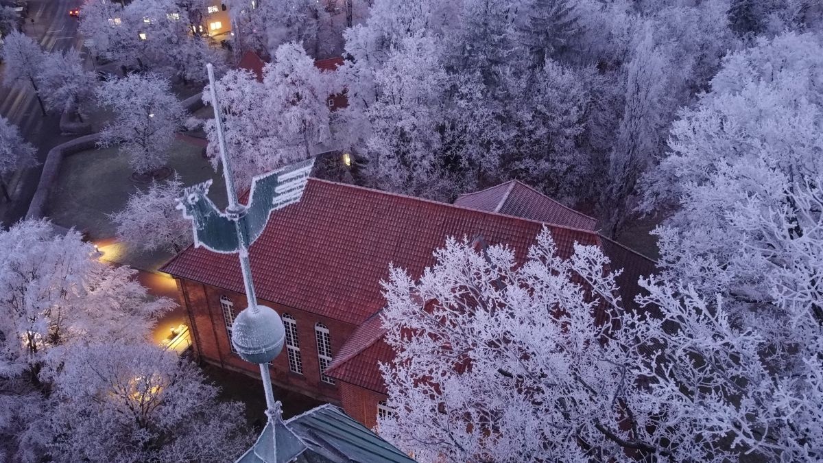 Über den Kirchturm auf die Laurentiuskirche Nienhagen geblickt