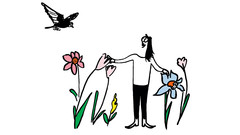 Illustration: Eine Person steht zwischen Blumen und blickt auf einen Vogel über sich