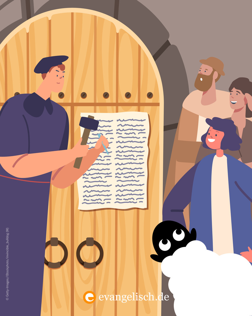 Illustration von Schaf und Martin Luther beim Thesenanschlag