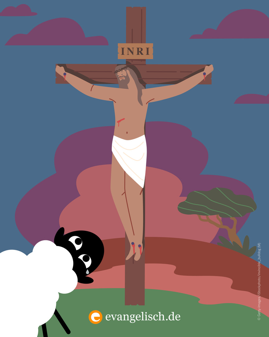 Illustration von Schaf und Jesus am Kreuz.