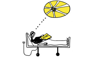 Illustration: Person liegt mit Kopfhörern im Krankenhausbett, darüber eine Sonne