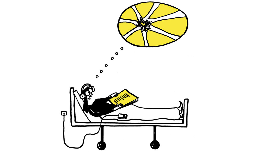 Illustration: Person liegt mit Kopfhörern im Krankenhausbett, darüber eine Sonne