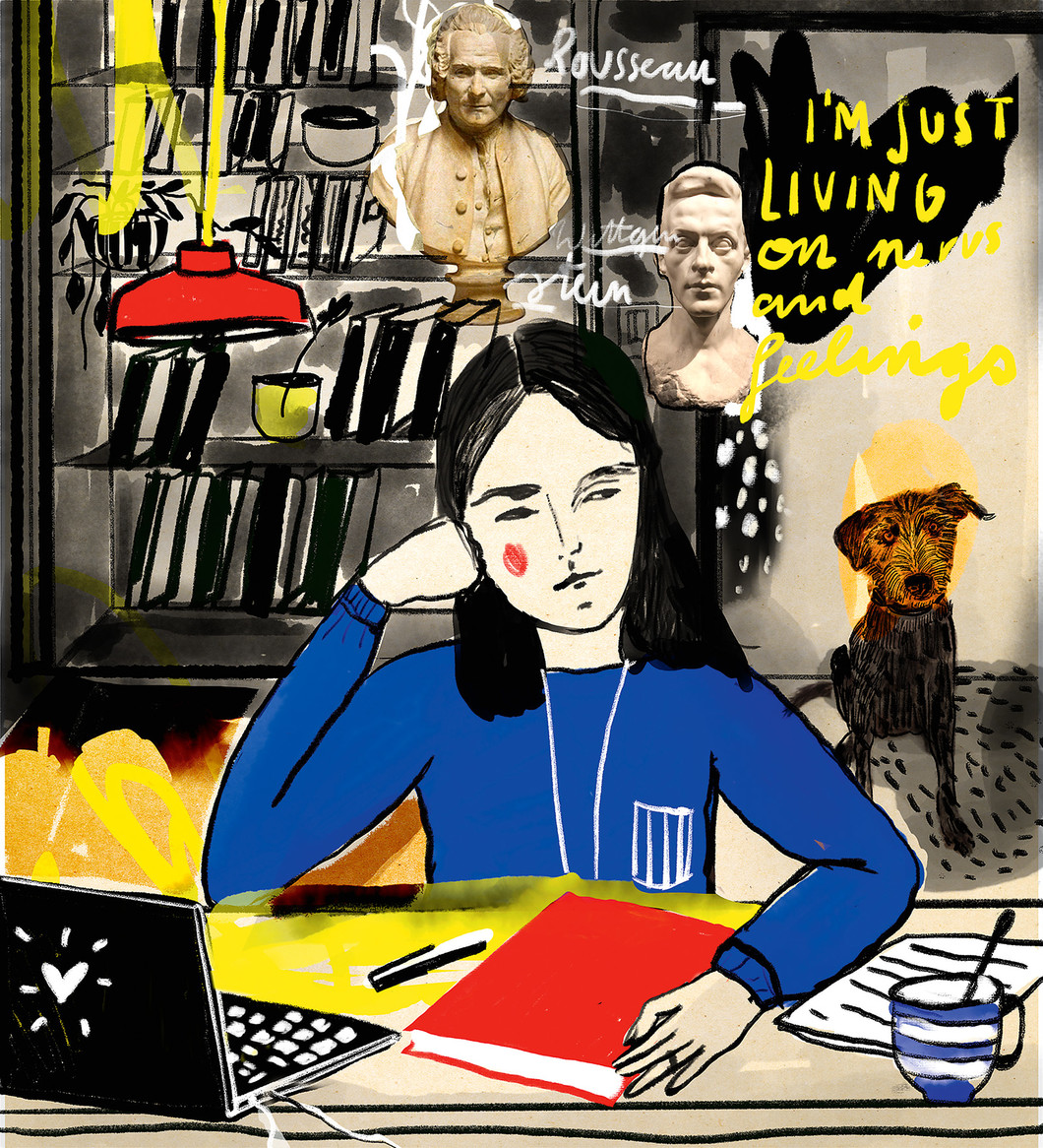 Illustration einer jungen Frau am Schreibtisch: Long Covid hinterlässt Spuren. Der Alltag wird zur Herausforderung, Gespräche mit anderen sind mühsam