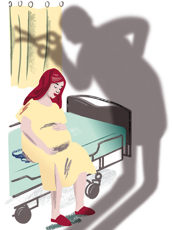 Illustration einer schwangeren Frau, die auf einem Bett im Krankenhaus sitzt. Ein Schatten in Form eines Menschen, mit Schere in der Hand, beugt sich über sie