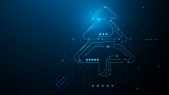 computergenerierter digitaler Weihnachtsbaum vor blauem Hintergrund