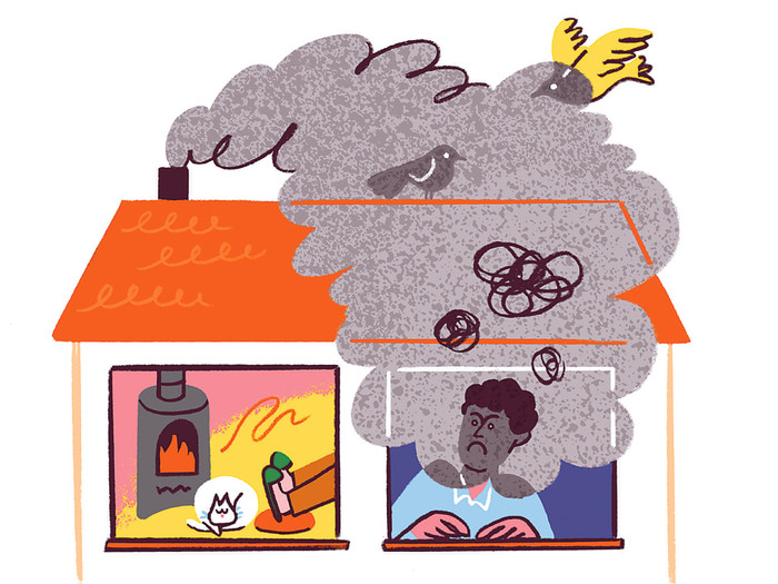 Illustration zeigt eine Person, die verärgert aus dem Fenster schaut. Der Nachbar hat den Kaminofen brennen und aus dem Schornstein qillt schwarzer Rauch