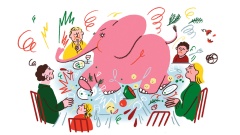 Illustration: ein rosa Elefant schwebt über dem Tisch, an dem eine Gruppe Menschen sitzt