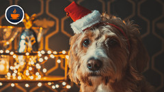 Hund mit Weihnachtsmannmütze vor Weihnachtsbaum
