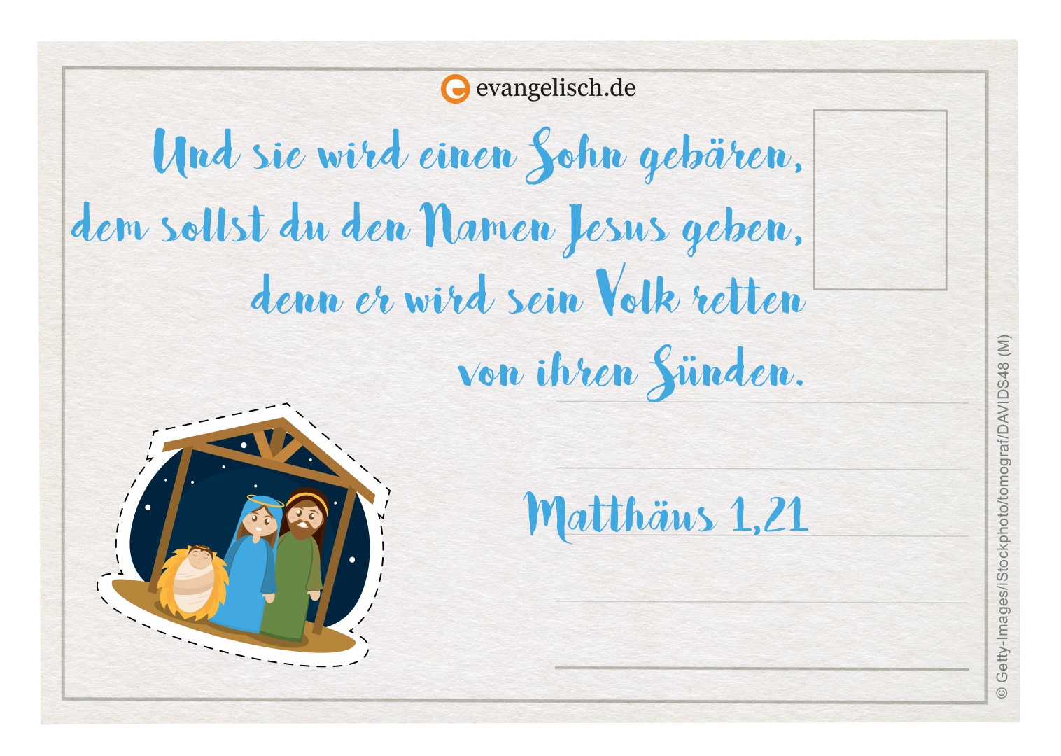 Weihnachtspostkarte mit Bibelvers Matthäus 1,21