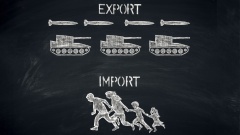 Waffenexporte und Flüchtlinge auf Tafel gemalt