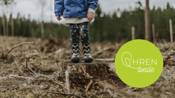 Kind steht mit Gummistiefeln auf Baumstumpf im Wald