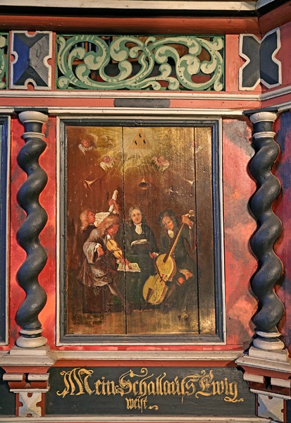 Eine Bildtafel in St. Bartholomaeus in Golzwarden zeigt den Orgelbauer Arp Schnitger