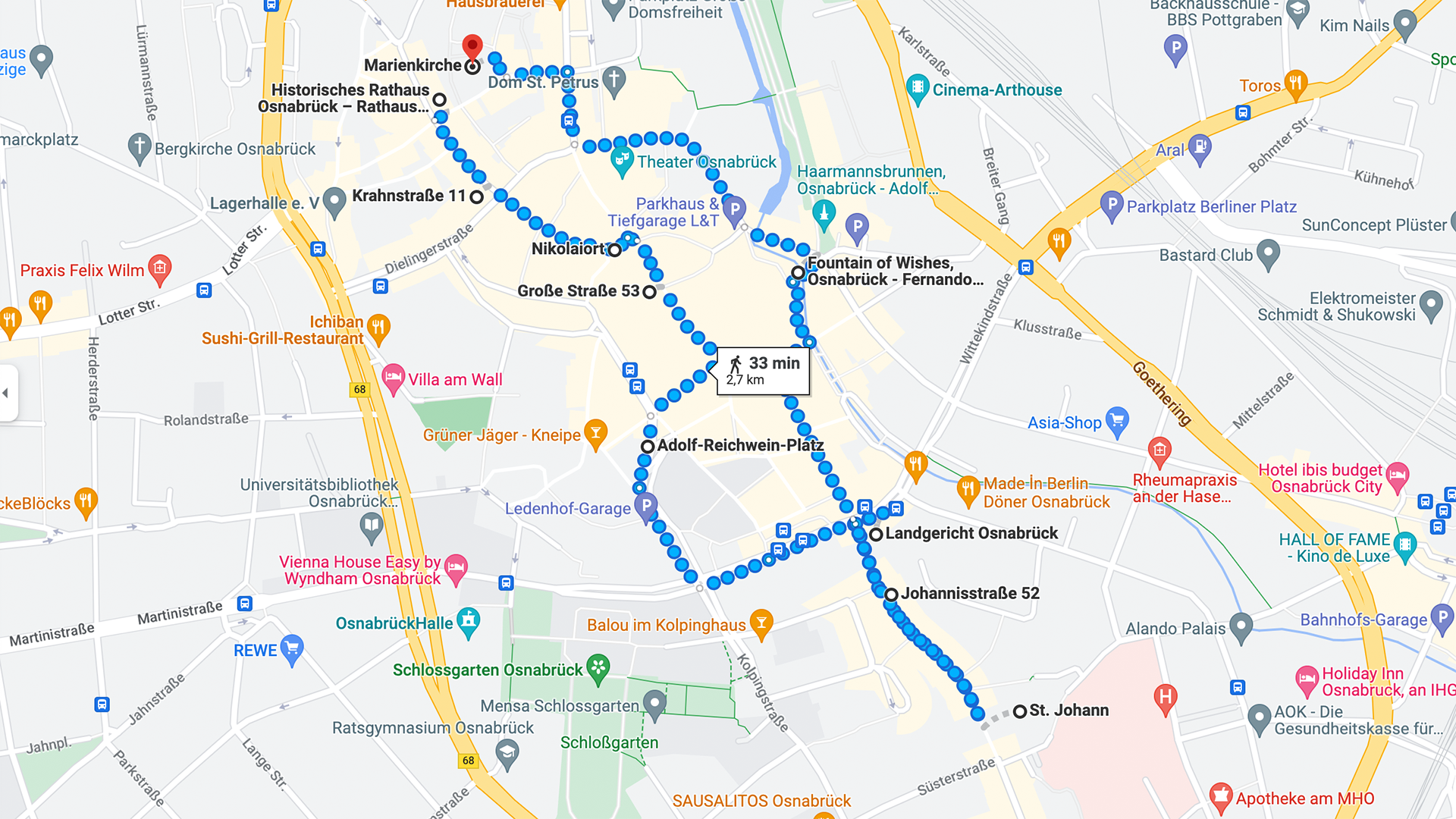 Stadtplan von Osnabrück mit Route von "Mahl ganz anders"