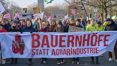 Demonstranten in Berlin halten ein Transparent mit der Aufschrift "Bauernhöfe statt Agrarindustrie"