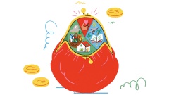 Illustration: ein geöffnetes Portemonnaie zeigt verschiedene Optionen: einen Einkaufskorb, ein Flugzeug, ein Herz, ein Haus