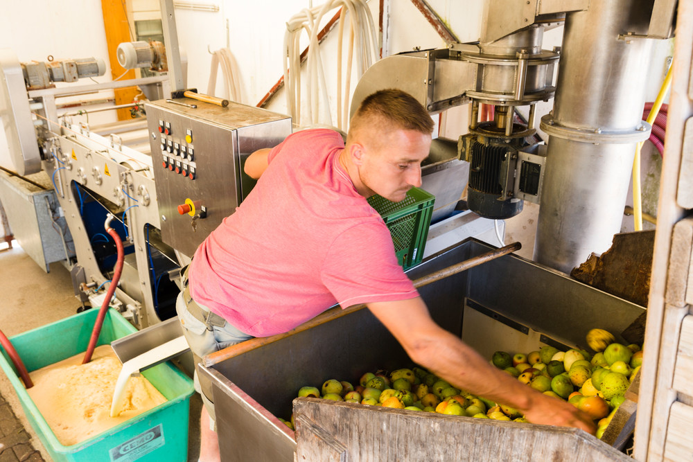 Mann an Obstpresse mit Äpfeln.