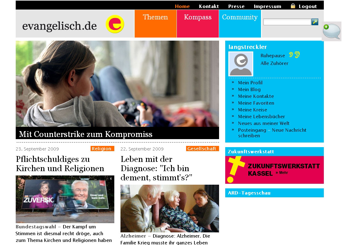 Screenshot der Webseite evangelisch.de von 2009