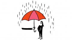 Illustration: Person steht unter großem Regenschirm, den ihr ein Arm hinhält