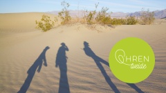 drei Schatten von Personen auf sandigem Boden in der Wüste