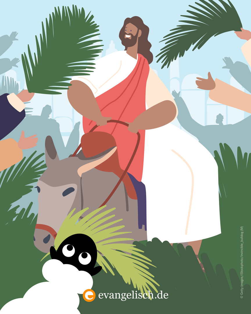 Illustration von Schaf und Jesus auf Esel