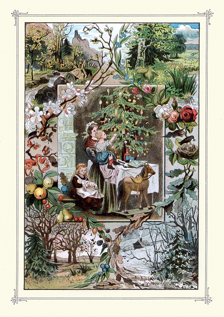 Vintage-Illustration wird auf die 1890er von Mutter, die mit Kindern einen Weihnachtsbaum schmückt.