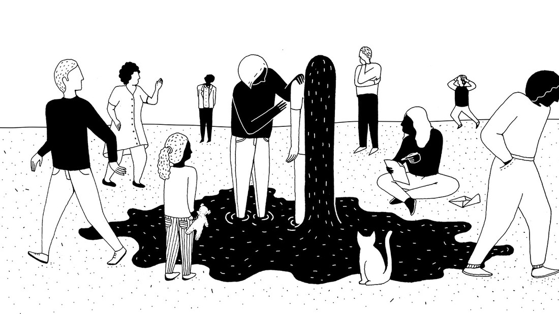 Illustrationen: Personen in Schwarz-Weiß um eine Figur, deren Haare vom Kopf fließen